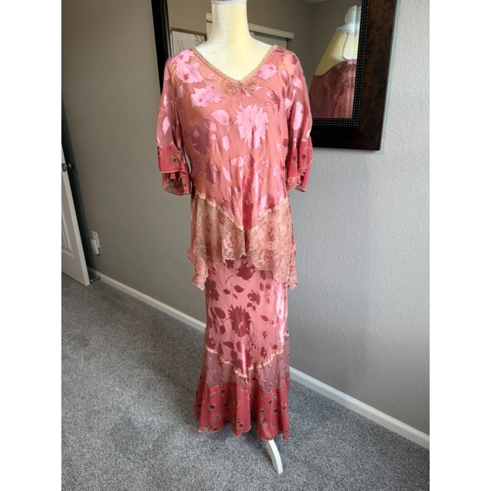 Spencer Alexis 3 Piece Silk Floral Skirt Set Womens 12 Pink Lace Boho Made USA